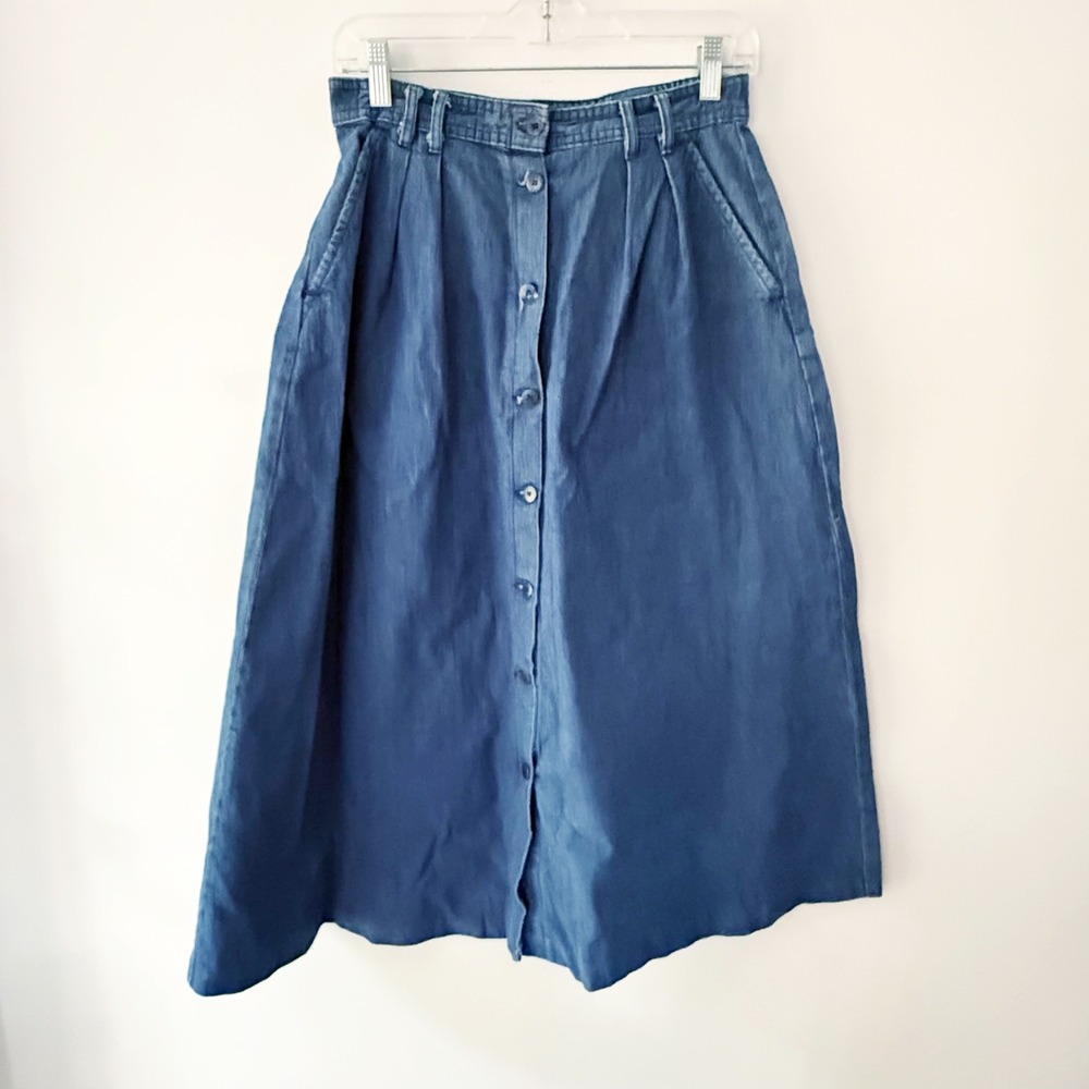 Vintage Skirt Women 12 Blue Denim Button Front Midi Cottagecore Retro 70S Modest